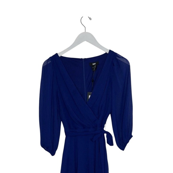 DKNY Cobalt Blue Belted Puff Sleeve Chiffon Dress Size 2 NWT - Picture 2 of 5